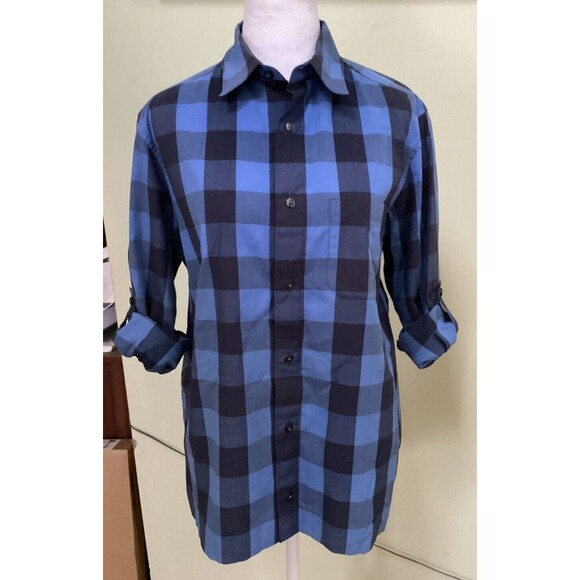 Spring + Mercer Men's Blue & Black Plaid Roll Tab Long Sleeve Casual Shirt Small - Picture 8 of 11